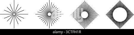 Geradlinige Radiallinien in Rautenform. Set mit dimond-förmigen Sonnenschein-Symbolen. Sonnenschilder. Symbole für Strahlkraft, Spin, Explosion oder Feuerwerk auf weißem Hintergrund. Vektorgrafik. Stock Vektor