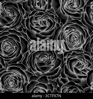 Wunderschöner einfarbiger, nahtloser Schwarzweiß-Hintergrund mit Rosen. Stock Vektor