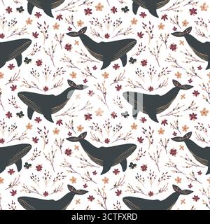 Nahtloses digitales Muster mit Walen, Blumen auf weißem Hintergrund. Sanfte Meeresmotive für Textilien, Geschenkpapier oder Haushaltsdrucke für Kinder. Perfekt für Stockfoto
