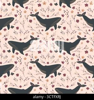 Nahtloses digitales Muster mit Walen, Blumen auf dunklem blauem Hintergrund. Sanfte Meeresmotive für Textilien, Geschenkpapier oder Haushaltsdrucke für Kinder. Perfec Stockfoto