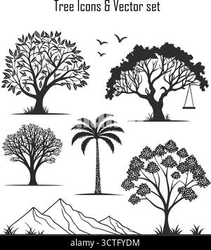 Baumsymbole Set – Natur, Wald, Ökologie, Umwelt, Grüne Landschaft Vektor-Illustration Stock Vektor