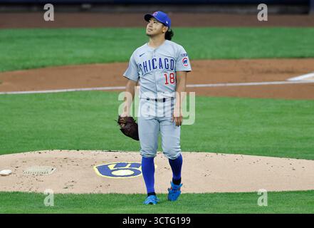 Milwaukee, Usa. Oktober 2025. Chicago Cubs Starting Pitcher Shota Imanaga (18) reagiert darauf, nachdem Milwaukee Brewers Andrew Vaughn am Montag, den 6. Oktober 2025, im ersten Inning der MLB National League Division Series einen dreistufigen Homerun im American Family Field in Milwaukee, Wisconsin, geschlagen hat. Foto: Tannen Maury/UPI Credit: UPI/Alamy Live News Stockfoto