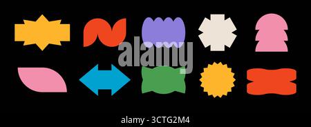 Farbenfrohe abstrakte Sticker Shape Kollektion. Set mit Randelementen im Retro-Pop-Art-Stil. Leuchtend grooviger geometrischer Rahmen für Patch, Abzeichen, Tag, Etikett, Banner, Poster, Aufkleber. Vektor-Paket mit verschiedenen Frames Stock Vektor