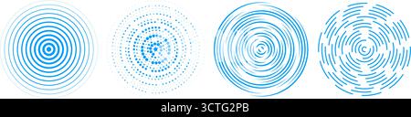 Blauer radialer konzentrischer Kreis. Halbton, gestrichelte und gepunktete Ringe für Epizentrum, Ziel, Radar, Erdbeben, Tsunami-Symbol. Vektorwellige expansive Vibrationselemente. Erfassung von Schallwellensignalen Stock Vektor