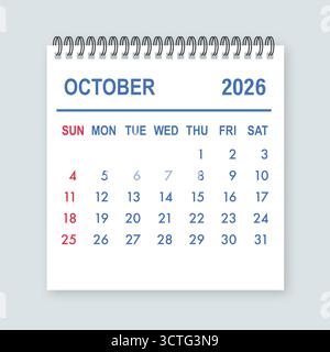 Oktober 2026: Spiralgebundene Kalenderseite für die Planung von Ereignissen Stock Vektor