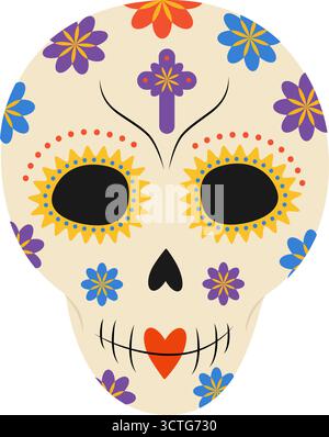 Dekorierter Zuckerschädel mit Blumenpunkten und minimalistischem Design des Cross Day of the Dead-Stickers. Isolierte Vektor-Illustration Tag der Toten verwandte Inhalte oder Cinco de Mayo Grüße Promo Posts Stock Vektor