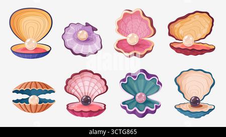 Cartoon Jakobsmuscheln Perlen Muscheln oder Muscheln offene Meeraustern mit Schatzschmuck, Vektor-Set. Muschelmuscheln oder Muscheln aus Mutterperlen mit Perlkugeln für ein Unterwassermärchen oder einen Unterwasserschatz Stock Vektor
