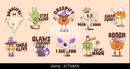Halloween y2k groovige Aufkleber Set. Niedliche und gruselige Charaktere wie Geister, Kürbisse, schwarze Katze, Augapfel, Lächeln und Zuckermais, Retro y2k-Persönlichkeiten für festliche, verspielte, saisonale Patches Stock Vektor