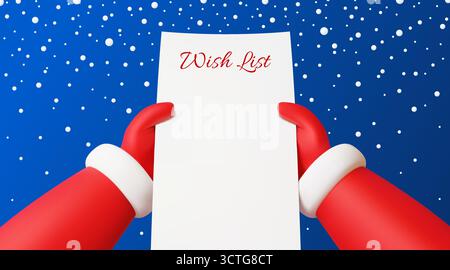 Weihnachtsmann Hände in roten Handschuhen halten ein leeres Wunschzettel Papier, Schneeflocken fallen auf blauen Hintergrund. Cartoon 3D Vektor Vater Noel Weihnachtsfigur hält leeres Papier Wunschliste Blatt oben Ansicht Stock Vektor