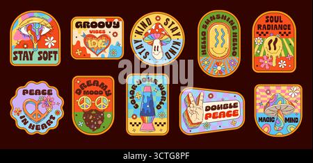 Groovige Retro-Label-Aufkleber, Vintage-Hippie-Patches mit psychedelischen Charakteren. Vector y2k Hippie Regenbogenpilz, Blume, Friedensherz und Sonnenbrille, groovige schmelzende Smile Emoji und Augenaufkleber Stock Vektor