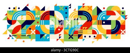 2026 Weihnachten und Neujahr Banner. Vektor farbenfroher geometrischer Hintergrund aus lebendigen abstrakten Formen, Linien und Mustern. Auffälliger, verspielter moderner Kalender oder Grußkarte im zeitgenössischen Retro-Stil Stock Vektor