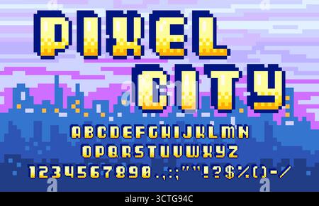 Pixelschriftart, 8-Bit-Arcade-Spielschriftart, Pixelart, binäre Buchstaben im Retro-Stil, Zahlen und Satzzeichen über einem Stadtbild-Hintergrund in violetten und blauen Tönen. Digitales Vektor-abc-Skript Stock Vektor