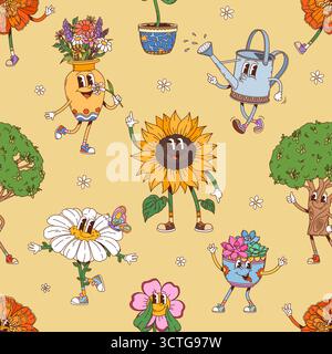 Groovige Hippie-Pflanzen und Blumen nahtloses Muster. Vektor-Fliesenhintergrund mit Bäumen, Blüten, Töpfen und Gießkanne mit fröhlichen Gesichtern und Retro-Schuhen. Das Y2K-Hippie-Motiv strahlt funkige Vintage-Vibes aus Stock Vektor