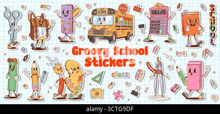 Cartoon groovige Schulfiguren Aufkleber Pack. Niedliche Schulmaterialien und Schreibwaren Vektorfiguren. Retro-Hippie-Buch, Bleistift und Lineal, Taschenrechner, Tasche, Farbe und Buszeichen Stock Vektor