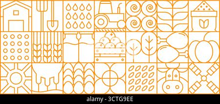 Abstraktes geometrisches Bauernhofmuster für Landwirtschaft und Landwirtschaft Hintergrund, Vektor Mosaikfliese. Rinderzucht, Kuh- und Gemüseernte, Weizenstall und Traktor- oder Gartenpflanzen in geometrischen Linien Stock Vektor