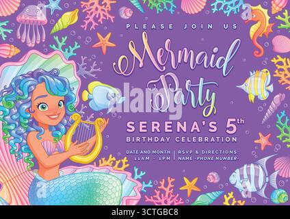 Geburtstagsparty-Einladung mit einer süßen Meerjungfrau mit Harfe. Vektorvorlage auf violettem Hintergrund. Stock Vektor