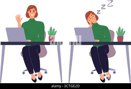 Müde oder glückliche Angestellte. Burnout oder energische Frau am Arbeitsplatz. Büroangestellter schläft am Computertisch. Übermäßige Überlastung durch Manager Stock Vektor