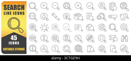 Symbolgruppe Für Suchzeile. Eine Sammlung von 45 sauberen dünnen Symbolen mit Vergrößerungsglas, Suchtools, Sicherheits-, Daten- und Informationskonzepten. Pro Stock Vektor