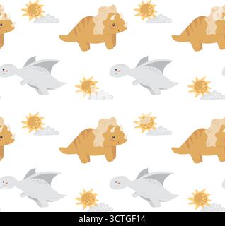 Niedliches Dinosauriermuster mit triceratops und Pterodactyls auf schwarzem Hintergrund. Stock Vektor