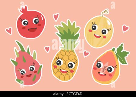 Niedliche Sticker-Kollektion mit tropischen Früchten im Kawaii-Cartoon-Stil. Entzückend lächelnde Charaktere wie Drachenfrucht (Pitahaya), Ananas, Melone, Granatapfel Stock Vektor