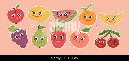 Niedliches Set Mit Aufklebern Mit Früchten Von Kawaii. Handgezeichnete Zeichentrickfiguren aus Zitrone, Kirsche, Wassermelone, Apfel, Erdbeere, Orange, Banane. Flach Stock Vektor