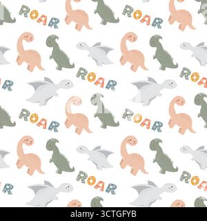 Farbenfrohes Dinosauriermuster mit verspieltem Brülltext auf schwarzem Hintergrund. Stock Vektor