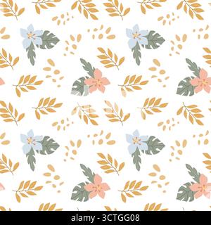 Vintage-Blumenmuster mit bunten Blättern und Blumen auf schwarzem Hintergrund. Stock Vektor