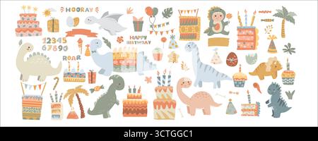 Geburtstagsfeier für Dinosaurier: Bunte Kuchen, Ballons und Dekorationen für die Kinderparty. Niedliches Dino-Geburtstagsklipart-Set. Baby Dinodaur, Kuchen, Stock Vektor