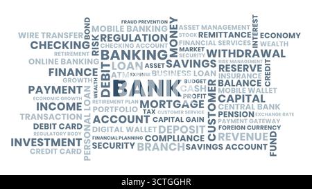 Bank Word Cloud Design, Finanz- und Bankwesen Wordcloud Illustration mit Geld, Sparen und Bankkonzept Stock Vektor