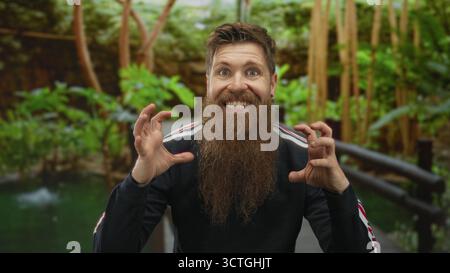 Mann ballt Fäuste und lächelt auf einer Holzbrücke in einem üppig grünen Park unter hellem Sonnenlicht; Spannung. Stockfoto