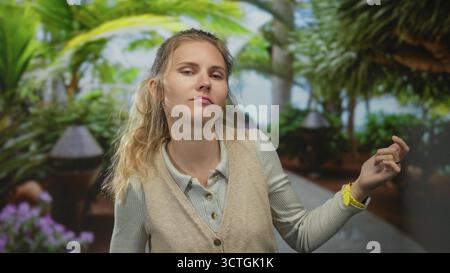 Selbstbewusste Frau gleitet die Hand, während sie im Studio spielt, während sich eine blonde junge Gitarre eine imaginäre rhythmische, glückselige Szene entfaltet. Stockfoto