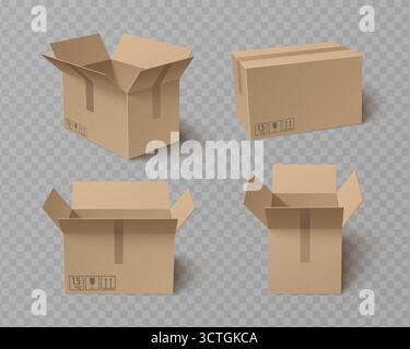 Kartonsammlung mit offenem Oberteil - braune Versandbehälter mit Klappen und Klebeband, Handlingsymbole auf transparentem Hintergrund. Realistische Verpackungsmodelle für Präsentationen zur Lieferung oder Lagerung. Stock Vektor