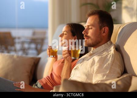 Ein paar entspannende Drinks und riechen Tee auf einer Couch zu Hause Stockfoto