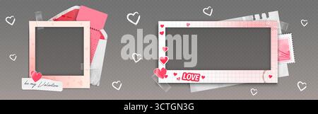 Soziale Medien-Rahmenvorlagen mit Love-Thema für Verkaufsaktionen – pinke Fotorahmen, Herzdekorationen und Valentinskarten. Digitale Scrapbook-Elemente mit romantischen Weihnachtsmotiven. Stock Vektor