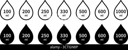 Symbole für Wasserkapazität eingestellt. Symbol für Flüssigkeitsvolumen von 100 bis 1000 Litern. Symbol für Wassertropflinie. Flüssigkeitsvolumen. ML-Zeichen. Waage für Flüssigkeit oder Zutat Stock Vektor