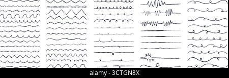 Wellwellen. Strukturiertes Doodle-Set mit Linien. Isolierter Zickzack, welliges Ornamentmuster, horizontale Unterstreichung, billiger, dünner Strichhintergrund. Durchbrochenes Vigre Stock Vektor