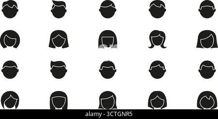Minimalistische User Avatars mit verschiedenen Frisuren für männliche und weibliche Charaktere. Flache Symbole für menschliche Profile für Social Identity Silhouette Stock Vektor