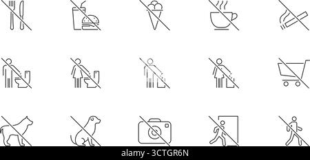 Keine Eingabe Oder Position Für Verbotene Aktionen Symbolgruppe Festgelegt. Sammlung Von Symbolen Für Einschränkungen Und Verbote. Kein Essen, Trinken, Rauchen, Haustiere, Fotografie, Und Stock Vektor