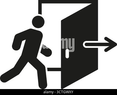 Exit Sign With Person And Door Symbol (Ausstiegsschild Mit Person Und Tür). Silhouettensymbol Für Evakuierung Und Sicherheitsrichtung. Escape-Routenanzeige. Isolierter Vektor Stock Vektor