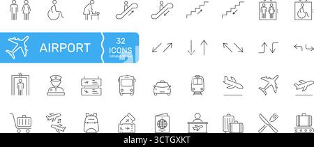 Flughafeneinrichtungen Und Navigationslinien-Symbolsatz. Umrisssymbol Für Reise, Sicherheit Und Transport. Umfasst Barrierefreiheit, Wegbeschreibungen Und Services Stock Vektor