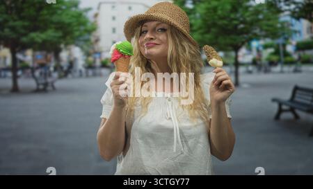 Frau mit zwei Eiskegeln auf einer Stadtstraße mit Strohhut und Schnürlippen; Sommerverspieltheit. Stockfoto