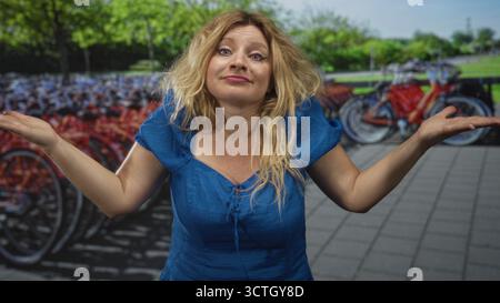 Frau, die mit den Palmen neben einer langen Reihe von Leihfahrrädern an einem Fahrradparkplatz auf einer belebten Straße mit Stadtpflaster zuckte; Unsicherheit. Stockfoto