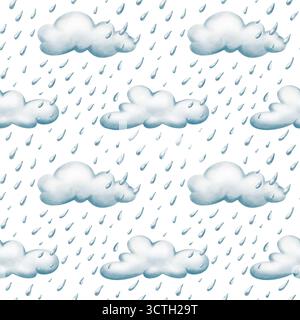 Fröhliche Karikatur-Regenwolken mit herabfallenden Tropfen in nahtlosem Muster, gefertigt mit weichen Aquarellwaschungen und strukturierten farbigen Bleistiften. Für Kinder Stockfoto