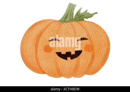 Niedlicher Halloween Kürbis mit einem lächelnden Gesicht und grünem Stiel. Handbemalter Jack o Laterne isoliert auf weiß. Perfekt für Grußkarten, Poster Stockfoto