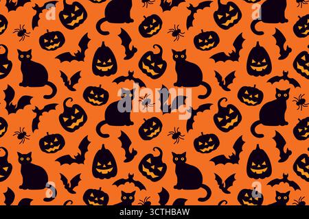 Nahtloses Halloween-Muster mit Jack o Laterne Kürbis, Fledermäusen, Katzen und Spinnen; perfekt zum Einpacken, Grußkarten, Dekorationen und digitale Backgro Stock Vektor