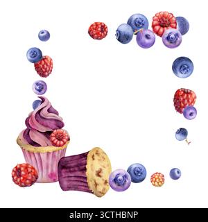 Aquarell-Cupcake mit gemischten verstreuten Beeren, Reifen Heidelbeeren Himbeeren Mousse Twirl. Handgemalte isolierte Eckabbildung. Bild des Menüs Stockfoto