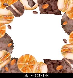 Gourmet-Makronen mit leuchtenden Orangenscheiben, Schokoladenchips, Kakaobonbons. Aquarell handgemalte Illustration, isolierter Kranz. Handwerkliche Bäckerei Stockfoto