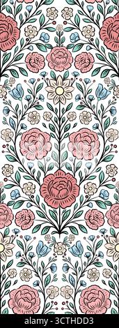 Vektor-Rokoko-Umrandung nahtloses Muster mit dekorativem Blumenarrangement. Textur mit Konturblumen, Gänseblümchen, Laub in Pastellfarben für Textilien Stock Vektor