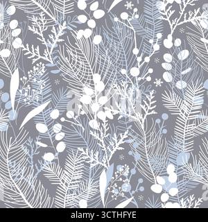 Frostiges, nahtloses Weihnachtsmuster in neutraler Farbpalette. Happy Holidays Winterwald Hintergrund mit Eukalyptusblättern, Kiefern und Beerenzweigen Stock Vektor