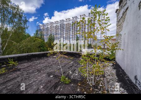 Ehemaliges Duga-Radar in der Tschernobyl-Ausschlusszone, Ukraine Stockfoto